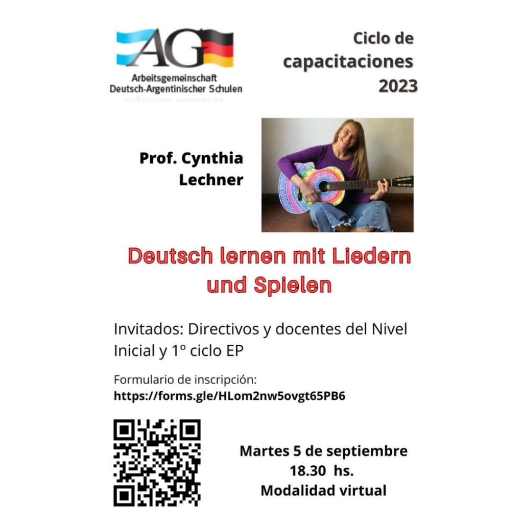 AGDS · Ciclo de Capacitaciones 2023 . . Deutsch lernen mit Liedern und Spielen Prof. Cynthia Lechner . . Martes 5.9, 18.30hs, virtual . . Invitados: Directivos y Docentes de Nivel Inicial y 1er Ciclo EP. . . #agds #capacitacion #deutsch #deutschlernen #liedern #spielen #docentes #nivelinicial #primerciclo